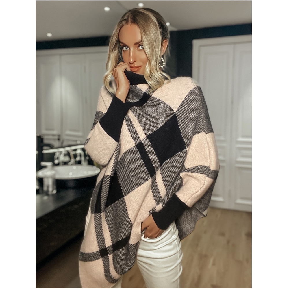 Plaid Poncho Style Sweater Turtleneck Beige Black - Picture 9 of 14